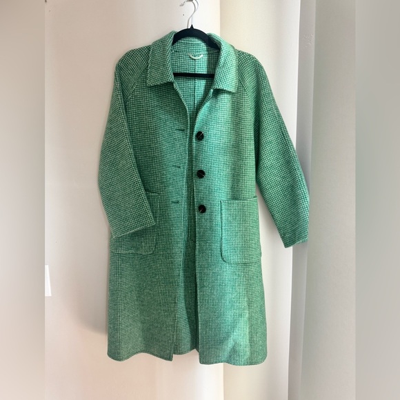Jackets & Blazers - Vintage Wool Blend Green Houndstooth Coat Longline Oversized Minimalist Chic Si